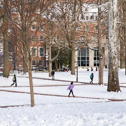 newbb电子平台的学生们走过下雪的校园