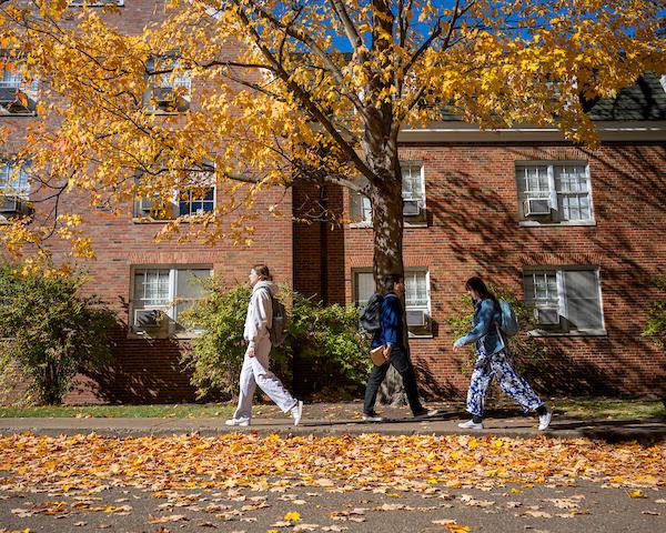 Students walk on Ohio University's Athens campus during the fall, surrounded by bright trees